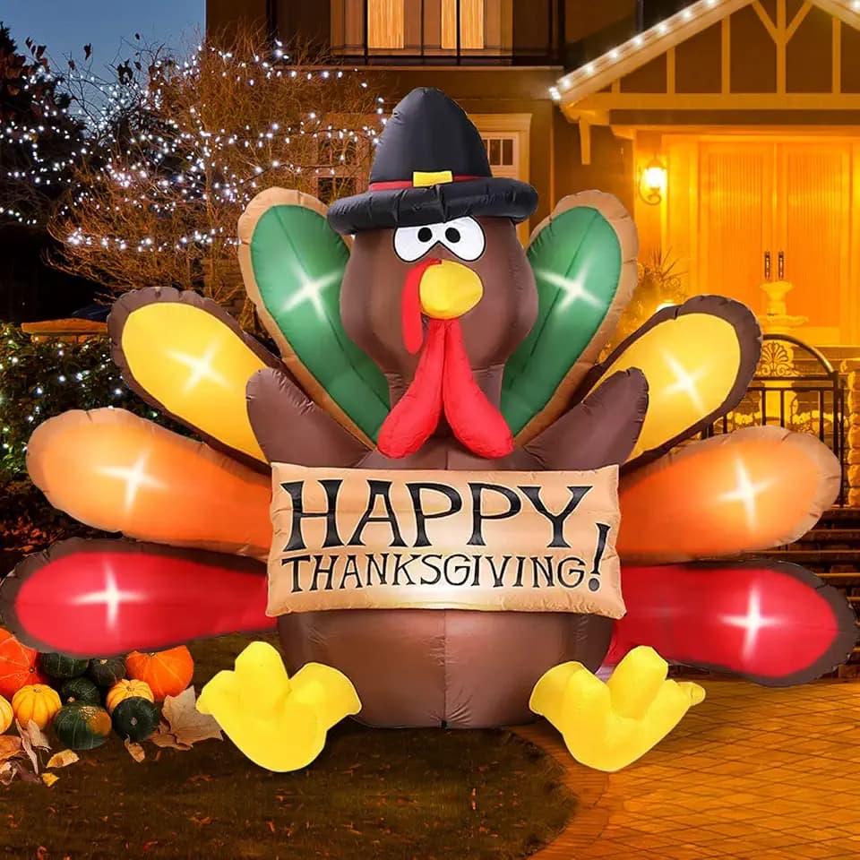 6FT Thanksgiving Inflatables Turkey Decor with Pilgrim Hat & Colorful Tail