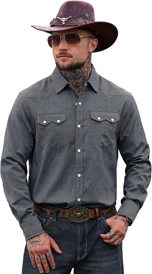 Herberton Mens Western Cowboy Long Sleeve Pearl Snap Shirts (S-2XL)