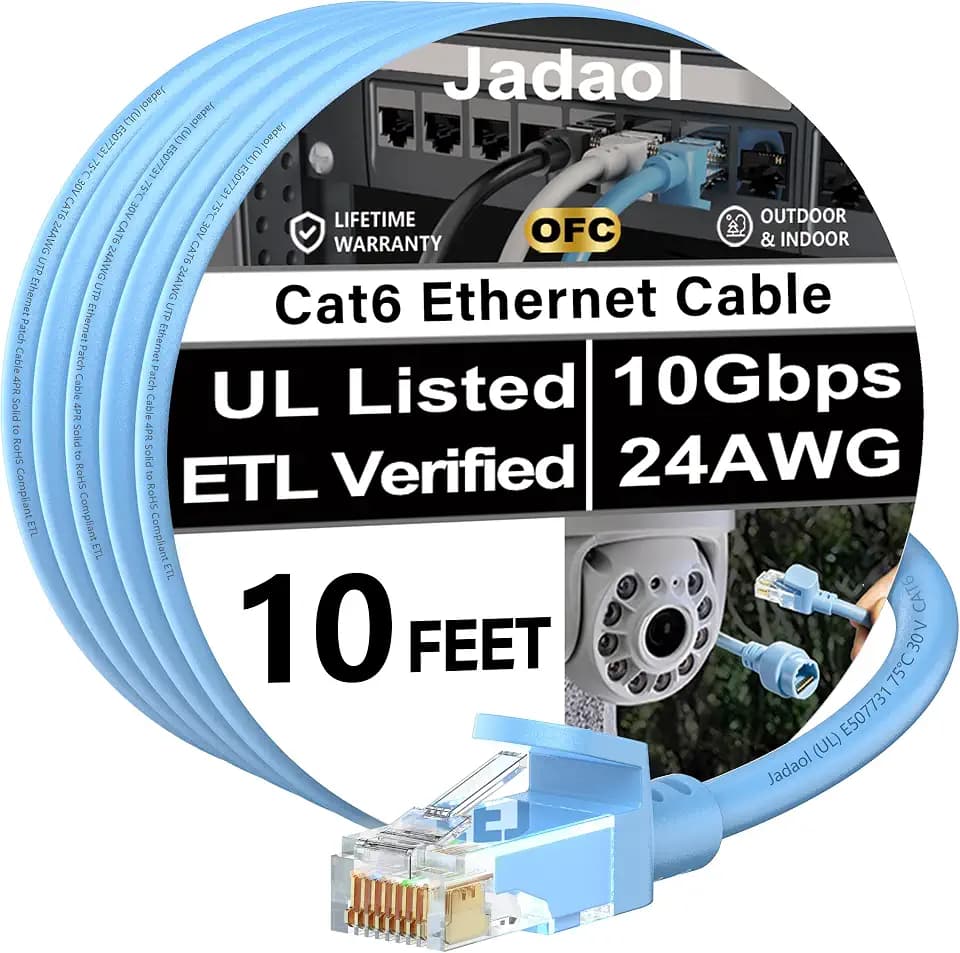 Jadaol [UL Listed] Snagless Cat6 Ethernet Cable 10 ft 10Gbps, PoE++, Blue
