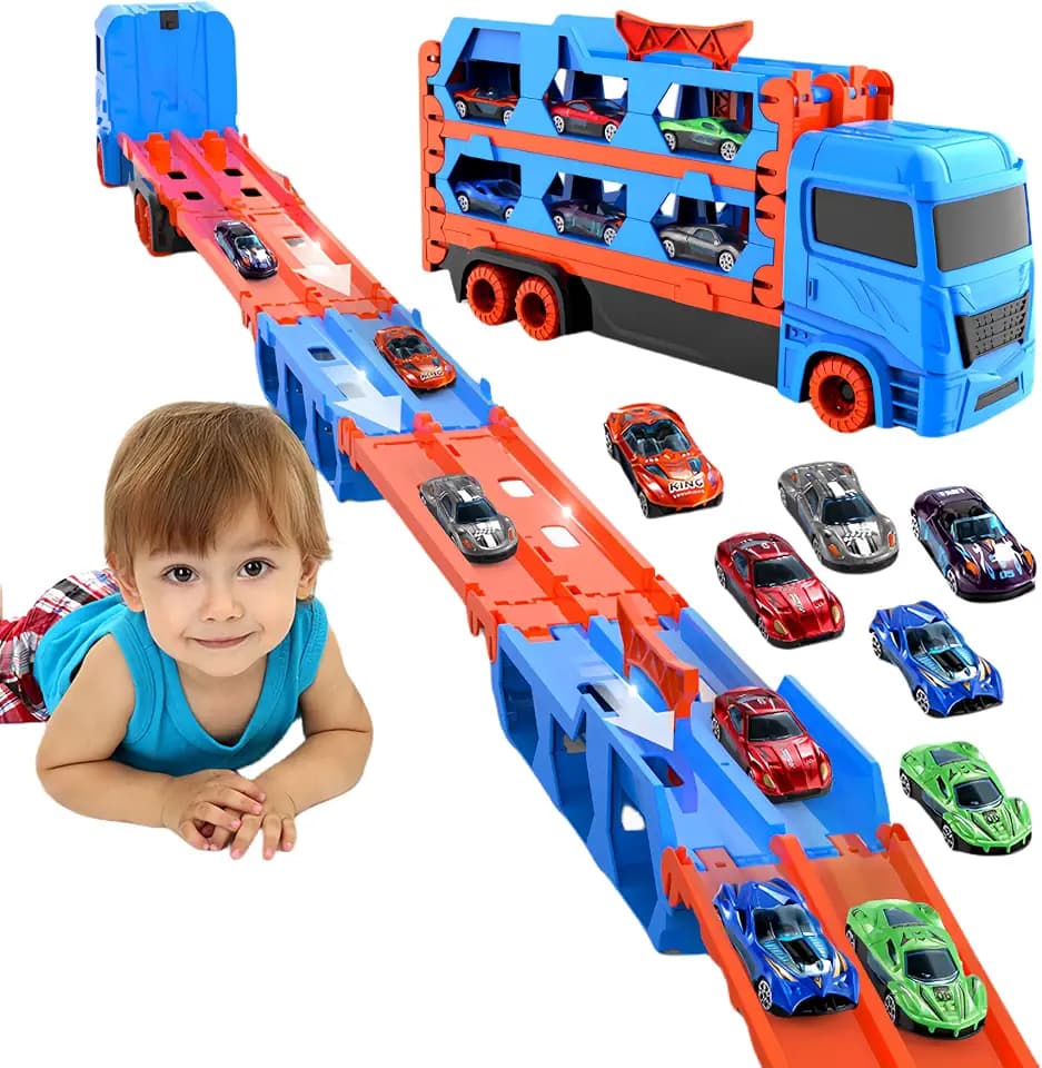 Bearbao Jungen Spielzeug für 3 4 5 6 Jahre alte Jungen, 65 Zoll Rennstrecke Transport LKW Auto Spielzeug für Kinder Junge, Weihnachts- und Geburtstagsgeschenke