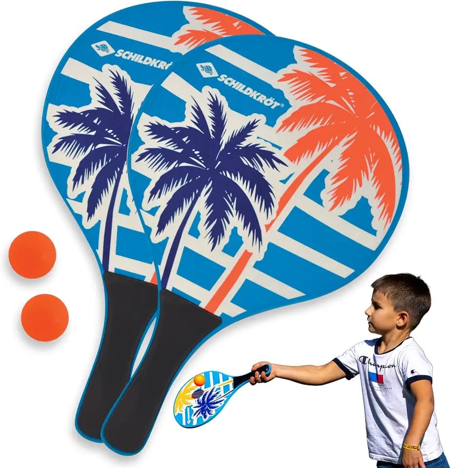 Schildkröt® Beach Paddle Ball Set Ocean, 2 Schläger aus lackiertem Holz, 2 Bälle, in wiederverschließbarer Netztasche, der Klassiker unter den Strandspielen, 970157
