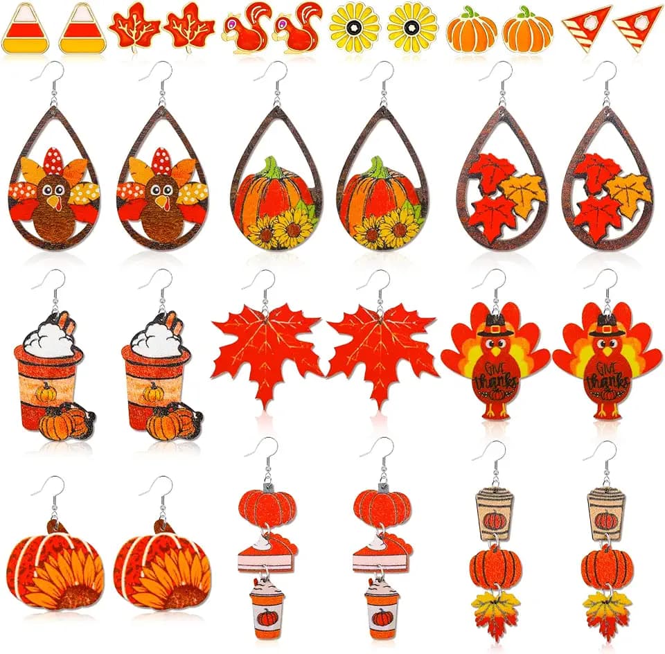 6-16 Pairs Thanksgiving Fall Halloween Christmas Earrings for Women,Holiday Dangle Drop Earrings and Studs Earrings Bulk for Woman,Holiday Jewelry Gifts for Women and Teens