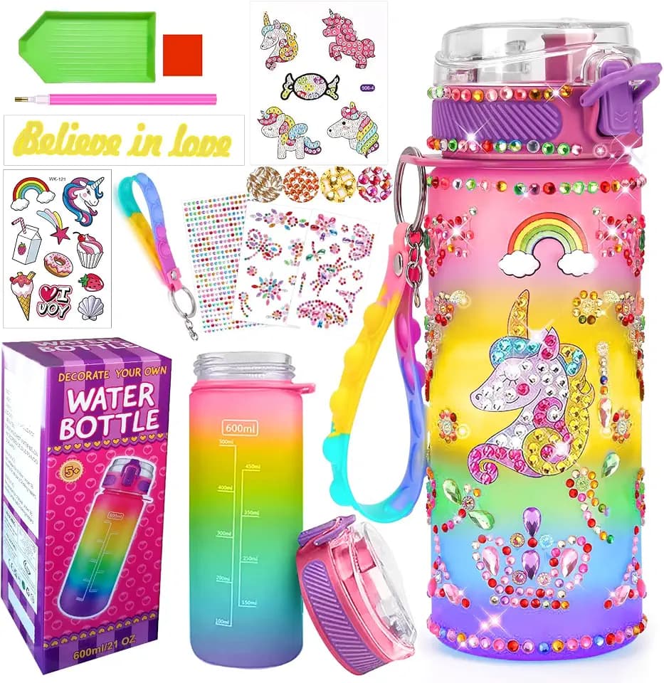 PUWOWYE Einhorn Geschenke für Mädchen 5 6 7 8 9 10 Jahre, Trinkflasche Bastelset Kinder ab 6 8 10 11 Jahre DIY Wasserflasche Basteln Diamond Painting Kinder Geburtstag Spielzeug Mädchen 4-12 Jahre