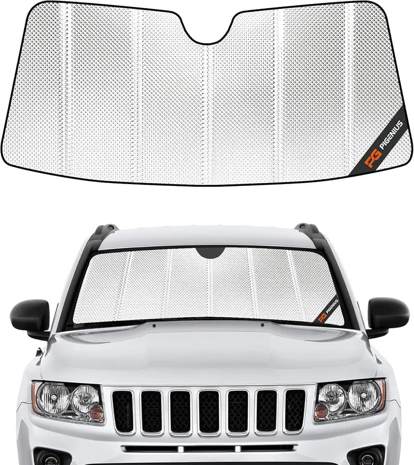 Pigenius Windshield Sun Shade for Jeep Compass 2017-2021; New Body Style 2017. Reflective Aluminum Film Front Window Sunshade - BLAZBLOCK