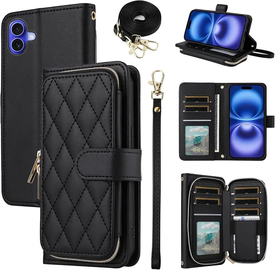 Argyle Wallet Case Compatible with iPhone 16 Plus 6.7 inch with Wrist Strap Shoulder Strap, 9+ Card Slot Zipper Purse Stand Checkered Cell Phone Cover for i Phone16 16+ i16 + 16Plus Black