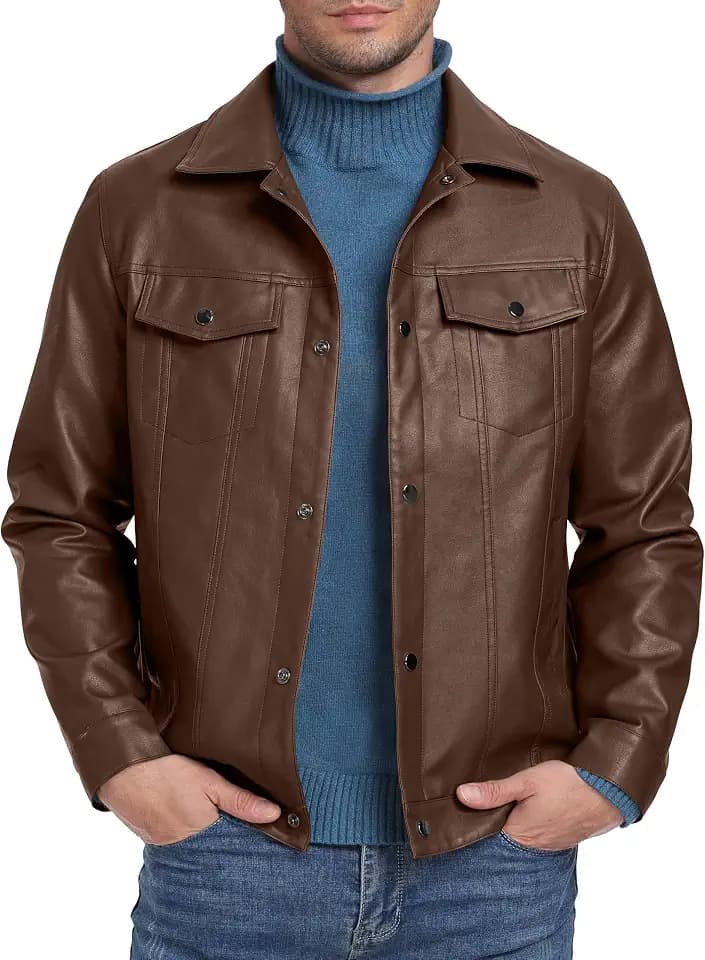 Sailwind Herren Leather Jacket Reverskragen Motorradjacke Druckknopf Kunstlederjacke Bomberjacken Mantel