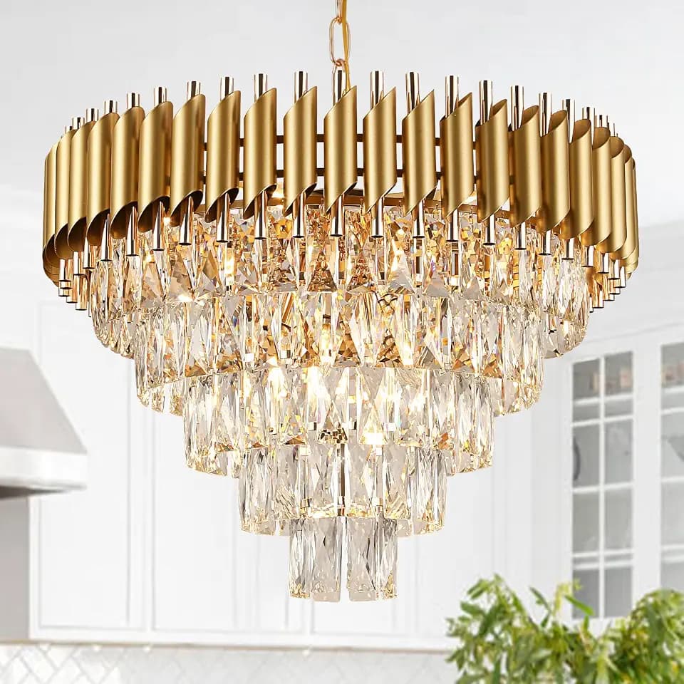 Modern Crystal Chandelier Gold, 24" Round Chandeliers for Dining Room