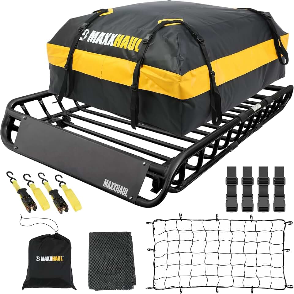 MaxxHaul 51210 Roof Rack Cargo Carrier Set Steel 46" x 36" Basket with 44" x 34" x 17" Roof Bag, 36" x 60" Cargo Net, and Two 1" x 15 ft Ratchet Straps 150 lb Capacity