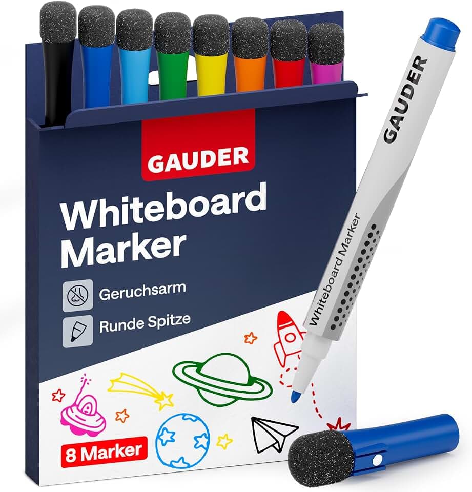 GAUDER Whiteboard Marker Set (8 Stück) | Whiteboard Stifte (8 Farben) | trocken und rückstandsfrei abwischbar | Dry Erase Marker mit Schwamm ideal für Whiteboards und Magnettafeln