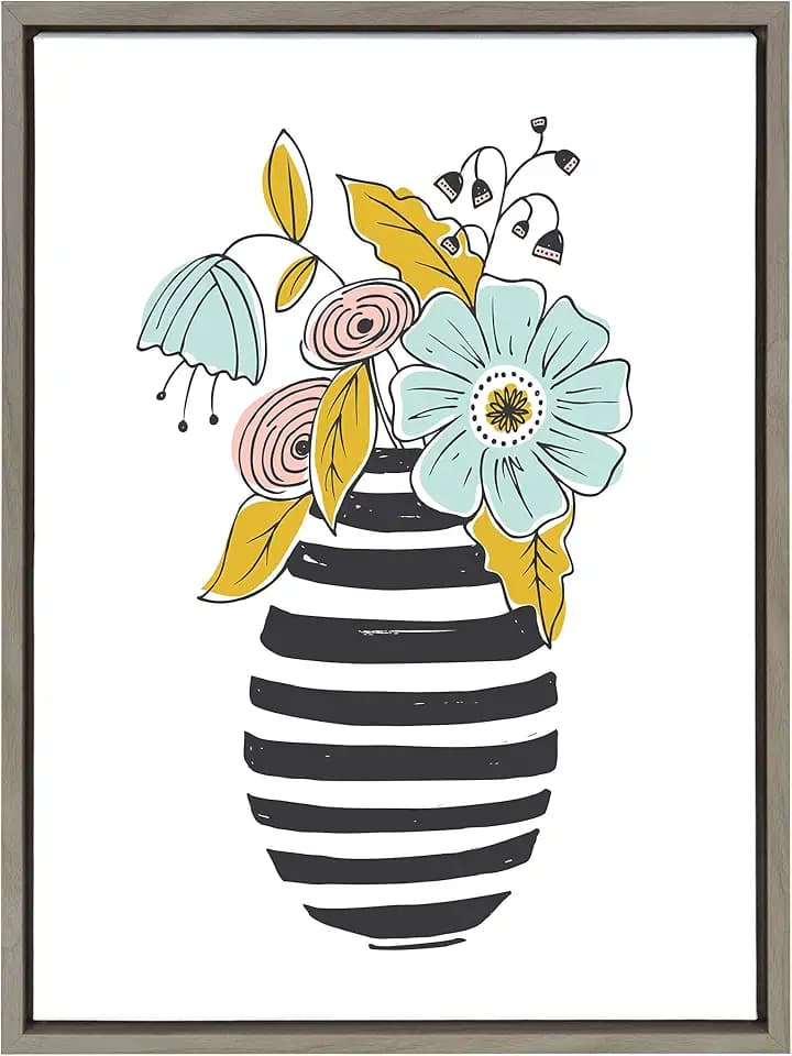 Kate and Laurel Sylvie Summer Vase Framed Canvas Wall Art by Heather Dutton, 18x24 Gray, Floral Inspired Art for Wall