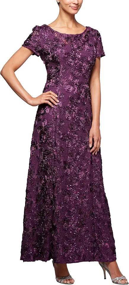 Alex Evenings Women's Long Rosette Mother of The Bride Dress with Short Sleeves