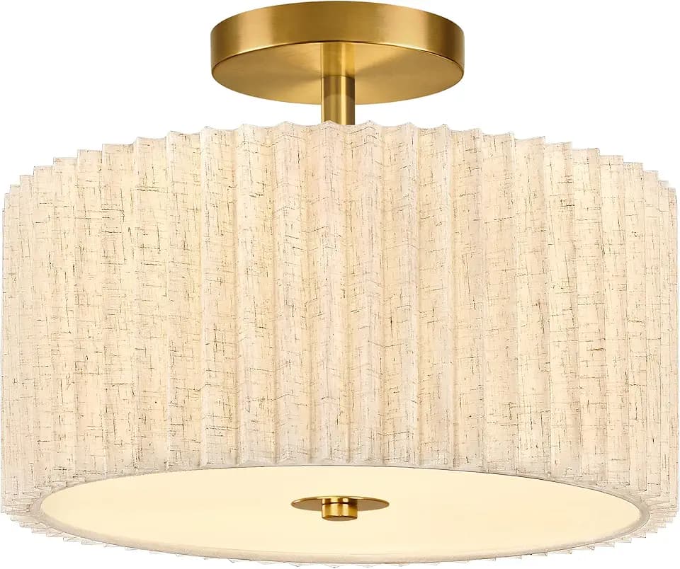 2 Light Semi Flush Mount Ceiling Light Fixture 12.6 Inch Modern Gold Drum Ceiling Light Fixture with Pleated Fabric Shade Dimmable Close to Ceiling Light for Living Room Hallway Bedroom Entryway
