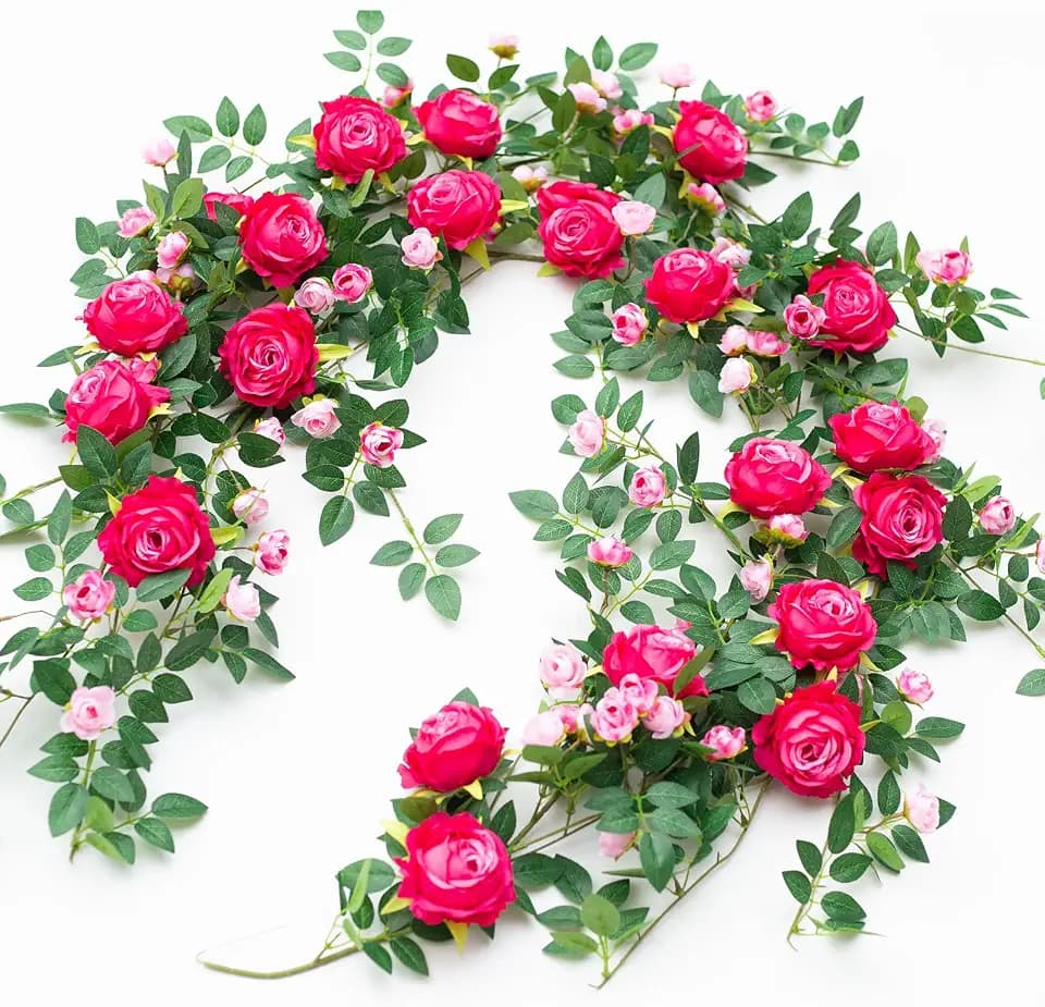 2 PCS 12FT Bendable Flower Garland, Fake Rose Vine for Home Decor,Fuchsia
