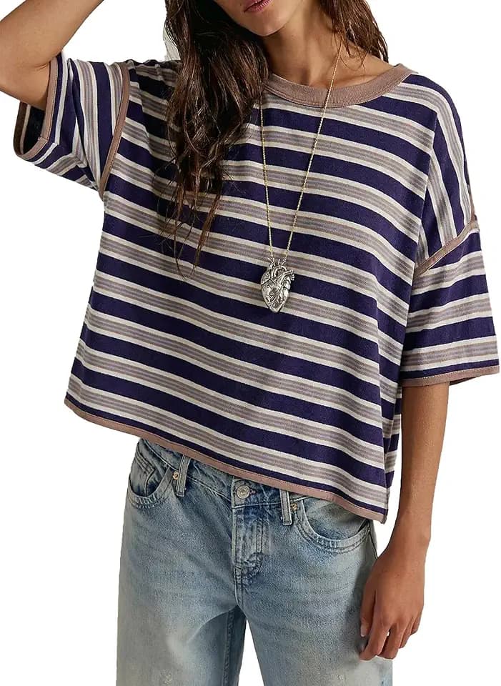 Womens Oversized Striped Tshirt Boxy Fit 90s Retro Casual Ringer Tee