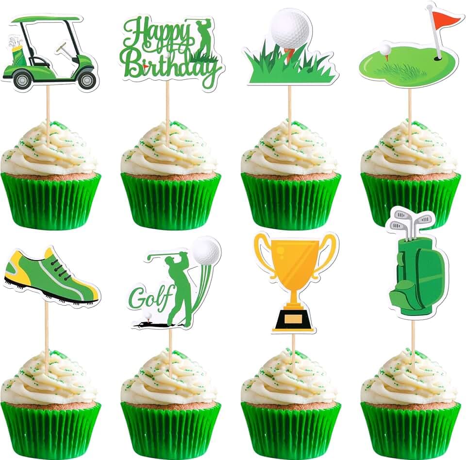 32 PCS Golf Cupcake Toppers Trophy Lawn Golf Shoes Bag Ball Carts Cupcake Picks for Golf Sports Player Theme Baby Shower Kids Birthday Party Cake Decorations Supplies