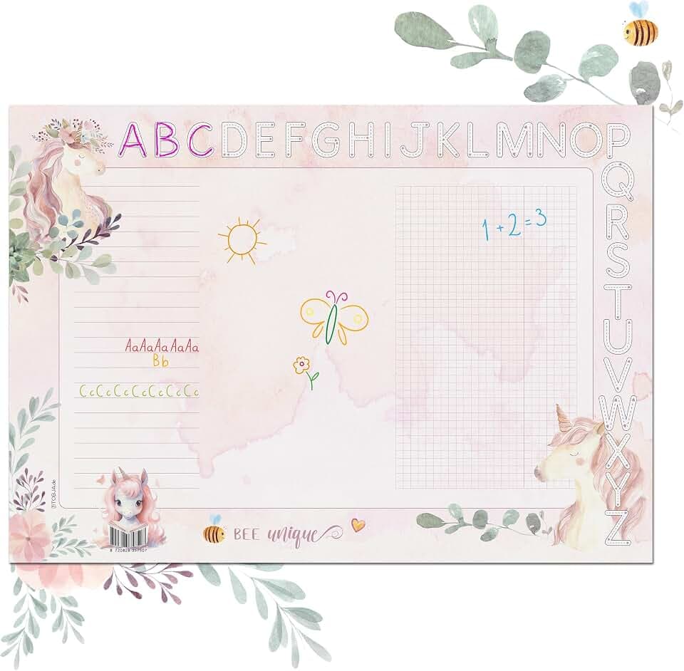TOBJA® DIN A3 Schreibtischunterlage für Mädchen (30 x 42 cm) - Süßes Einhorn Design, Dickes 90g/m² Papier, mit ABC Leiste zum Ausmalen - Perfekt zur Einschulung | 25 Blatt