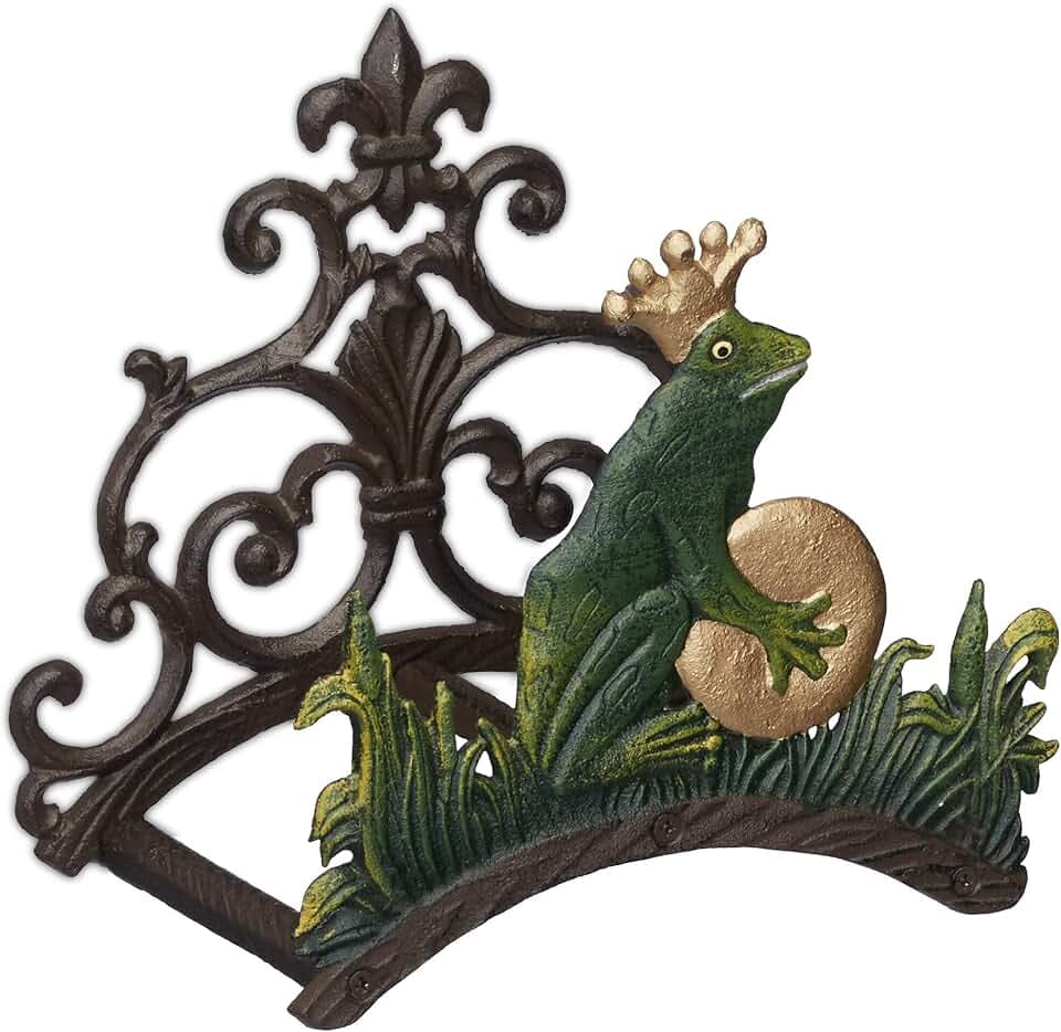 Relaxdays Schlauchhalter, Froschkönig, Gusseisen, antik, Aufhängung für Gartenschlauch, HxBxT: 23 x 24 x 15 cm, bunt