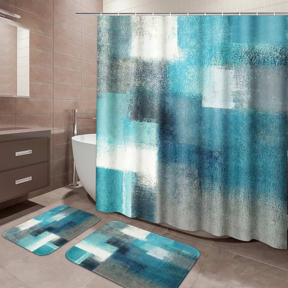ArtSocket Bathroom Set of 3, Shower Curtain and Bath Rugs Teal Grey