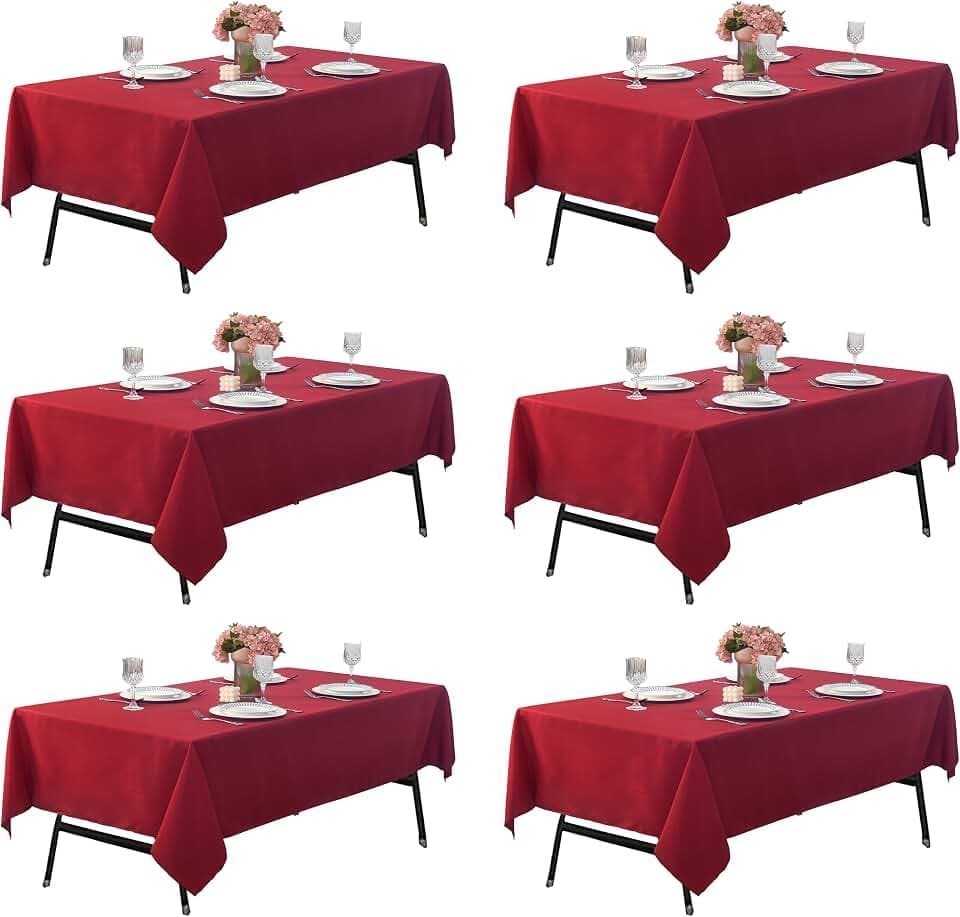 6-Pack 60x102 inch Burgundy Table Cloths, Solid Stain and Wrinkle Resistant Oblong Tablecloth, Premium Plain Weave Polyester Fabric Rectangle Table Linen Covers for Hotel, Wedding