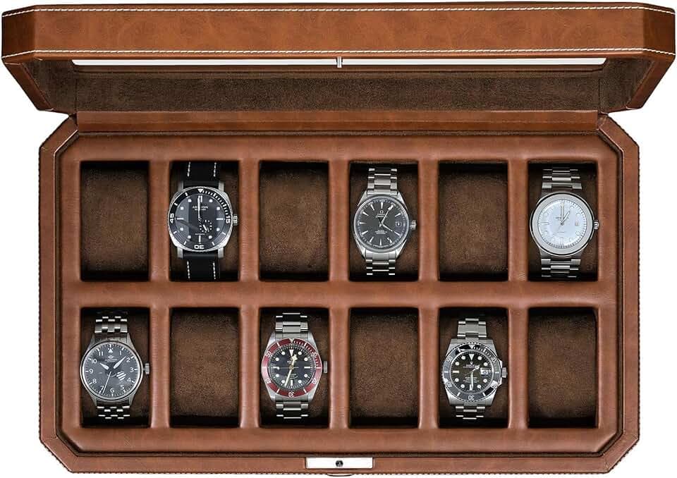 ROTHWELL 12 Slot Leder Uhrenbox für Herren - Luxus Uhrenetui Display Organizer, Herren Aufbewahrungsboxen Halter Großer Glasdeckel (Schwarz/Grau)