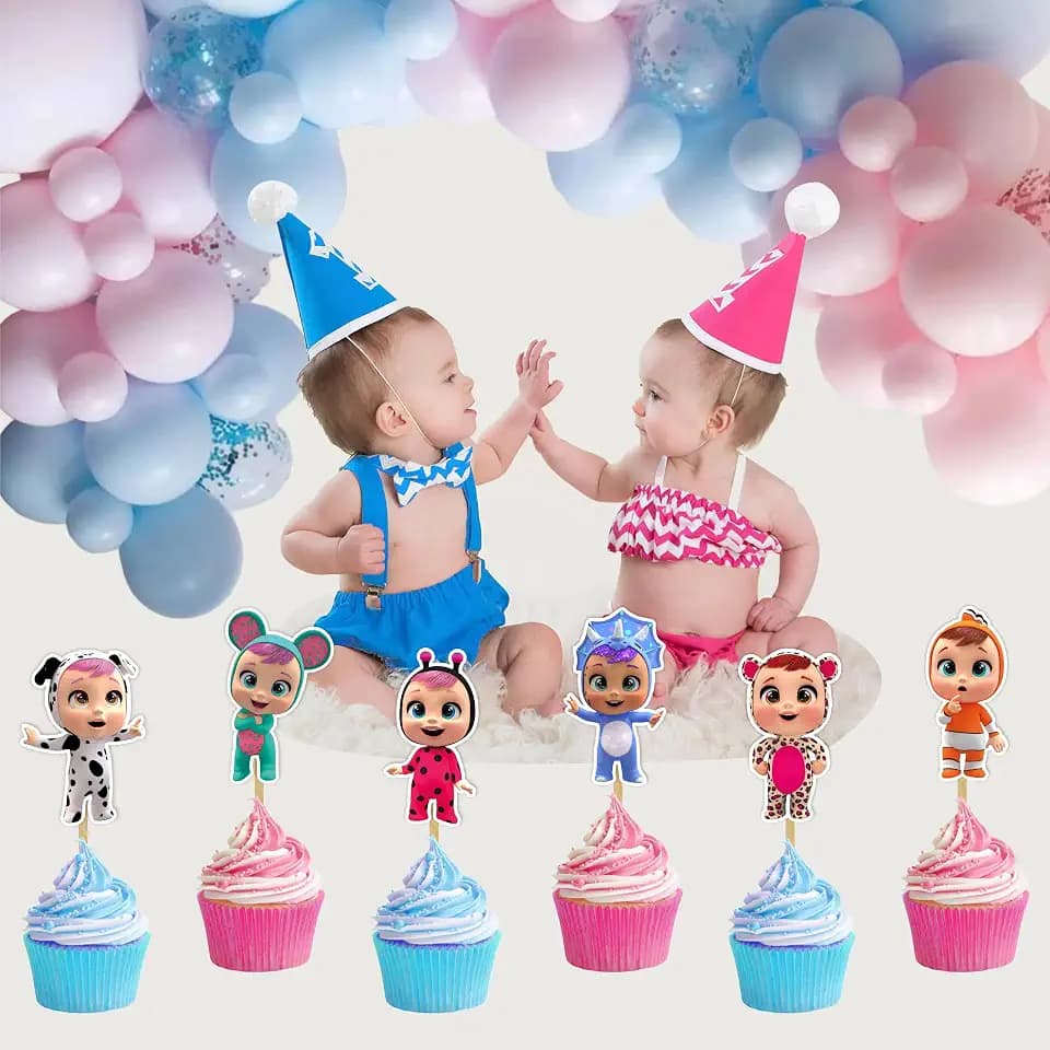 "Cri Babes Cupcake Topper – Cute Cartoon Baby Doll Theme Birthday Party Cupcake Picks – Adorable Cupcake Decorations for Birthday Celebrations, Baby Showers, and Themed Party Dessert Tables"