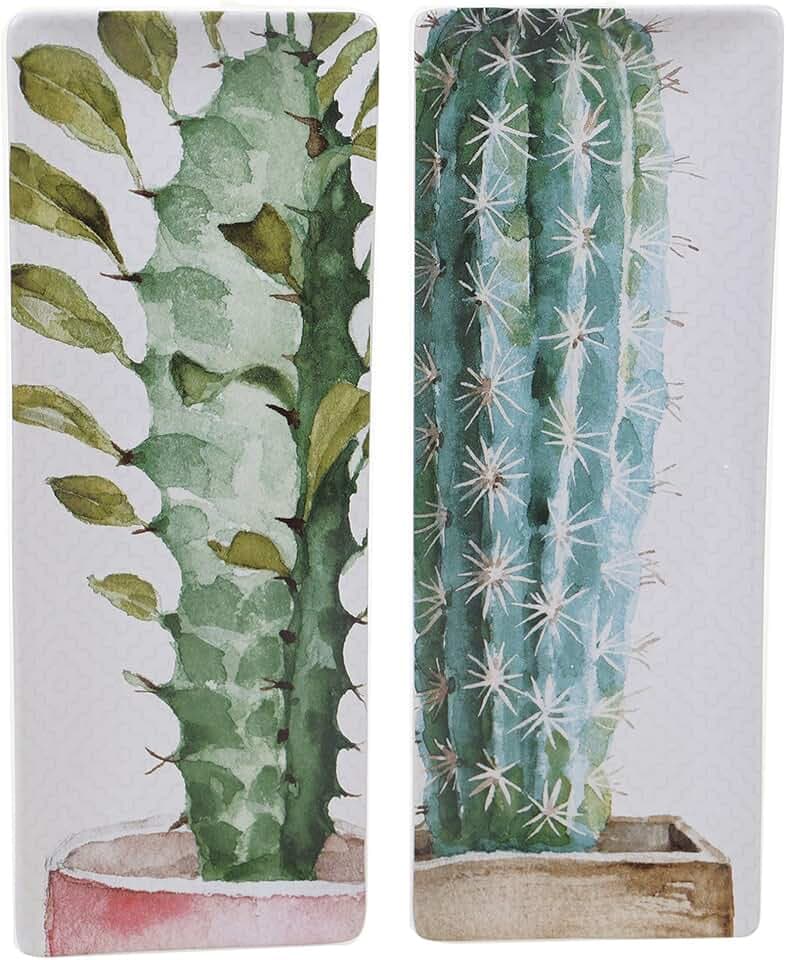 Cactus Verde Rectangular Serving Platters Set of 2 – 16x6 Cermaic Trays with Watercolor Cactus Art – Durable, Lightweight Serveware for Appetizers, Cheese, Snacks & Dessert
