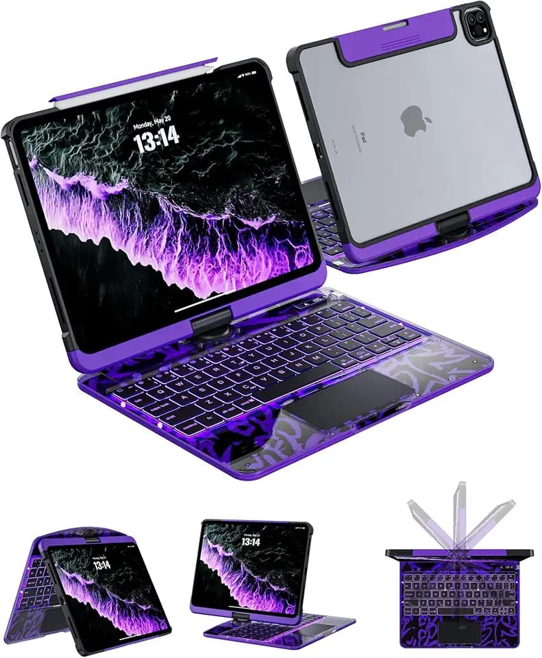 Keyboard Case for iPad 11-inch (11th Gen, A16) & 10.9-inch (10th Gen), 360° Rotating Clear Case with Trackpad, 7-Color Backlit, LCD Power Display, Built-in Pencil Holder, Purple