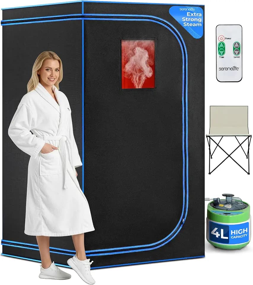 SereneLife Portable Steam Sauna Tent with Extra Large 4L Steamer - Includes Folding Sauna Chair, Remote Control w/ 9 Heat Levels for in-Home Spa - 2.9' x 2.9' x 5.9'