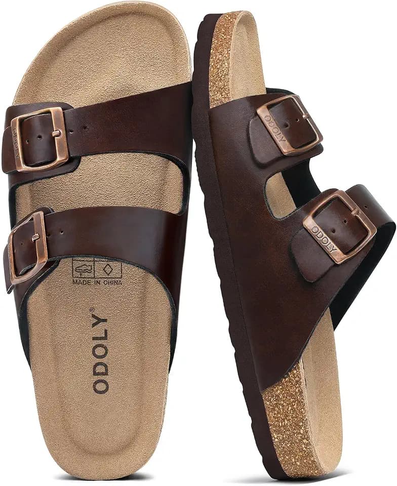 ODOLY Mens Cork Footbed Sandals, Arch Support Slides with Adjustable Buckle