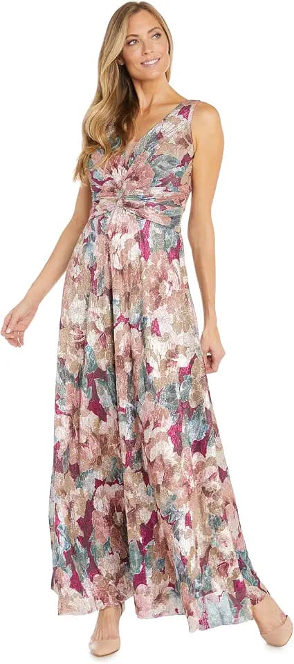 R&M Richards Women's Elegant Textured Floral Print Maxi Dress | V-Neck Gown W/Ruched Knotted Waist | Evening Cocktail Party