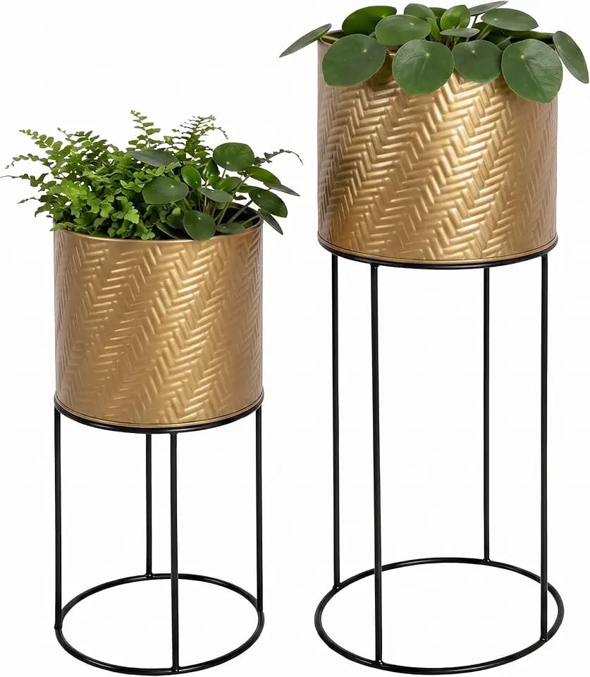 Relaxdays Blumenständer 2er Set, Metall, 2 Größen, Gestell, schwarz/gold