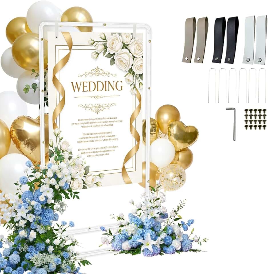 Wedding Welcome Sign Stand, Adjustable Linen Welcome to Our Wedding Sign Holder, Elegant Welcome Sign Easel with Hanging Straps for Seating Chart, Banner, Ceremony Decor (White, 54"-69")