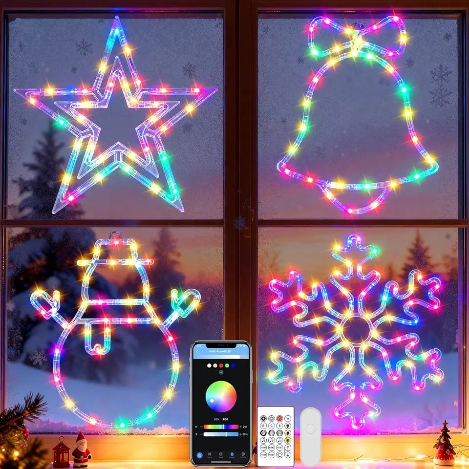 Smart Christmas Window Lights 4 Pack, RGB Silhouette Window Decorations with App and Remote Control – Star, Bell, Snowman and Snowflake, Waterproof Holiday Lights for Indoor Outdoor Use
