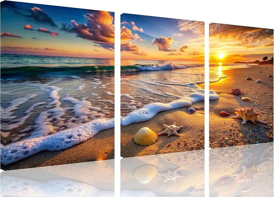 TutuBeer 3 Panels Beach Picture Beach Wall Art Blue Sea Sunset with Starfish Ocean Canvas Painting Sea Artwork for Walls Seascape the Pictures for Home Decor Wall Decor Ready to Hang 12x16inchx3