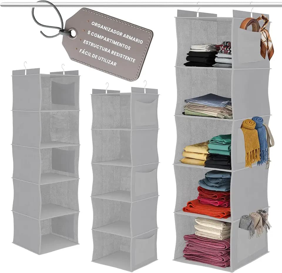 Hängender Schrank-Organizer, mit 5 Regalen und Seitentaschen, mit 2 Haken (30 x 30 x 102 cm) und Bambusverstärkung (hellgrau), 2 Stück