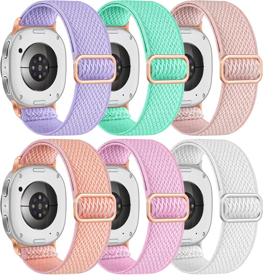 Easuny 6 Pack Stretchy Bands Compatible with Samsung Galaxy Watch 8/9 Band 40mm 44mm, Samsung Galaxy Watch 8 Classic 46mm Loop, Elastic Soft Nylon Fabric No Gap Sport Strap Replacement for Women Men