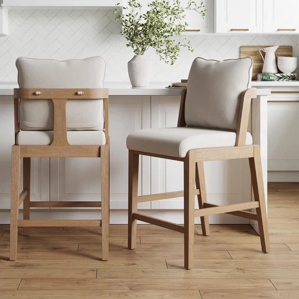 Nathan James Chuck Scandinavian 2-Pack Natural Flax Upholstered Bar Stools, Solid Wood Bar Stools with Back and Backrest Pillow, Flax/Light Brown
