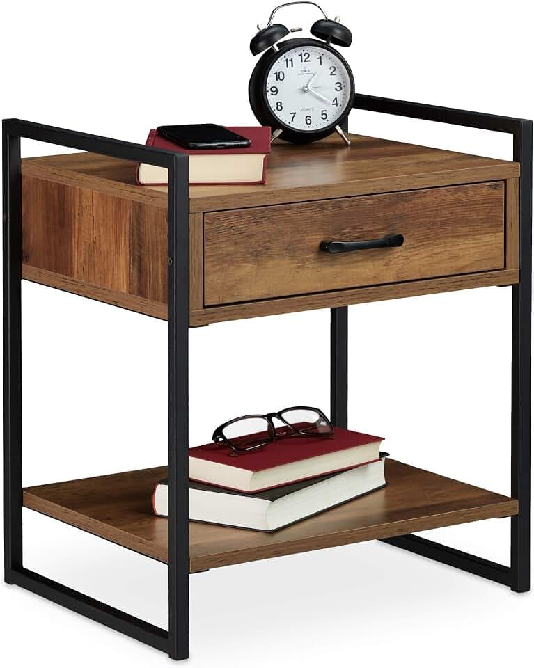 Relaxdays Nachttisch, Schublade, Industrial, Holzoptik/schwarz | Beistelltisch Wohn- & Schlafzimmer, Metall, 50x43x37 cm