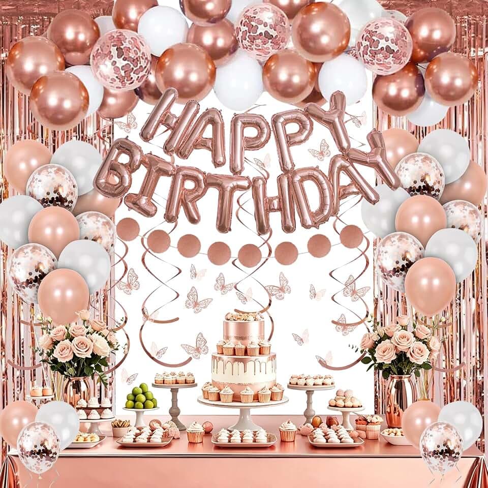 Geburtstagsdeko Rosegold Set Geburtstag Deko mit Happy Birthday Girlande Lametta Vorhang Tischdecke Luftballons für Frauen Mädchen Geburtstags Party deko