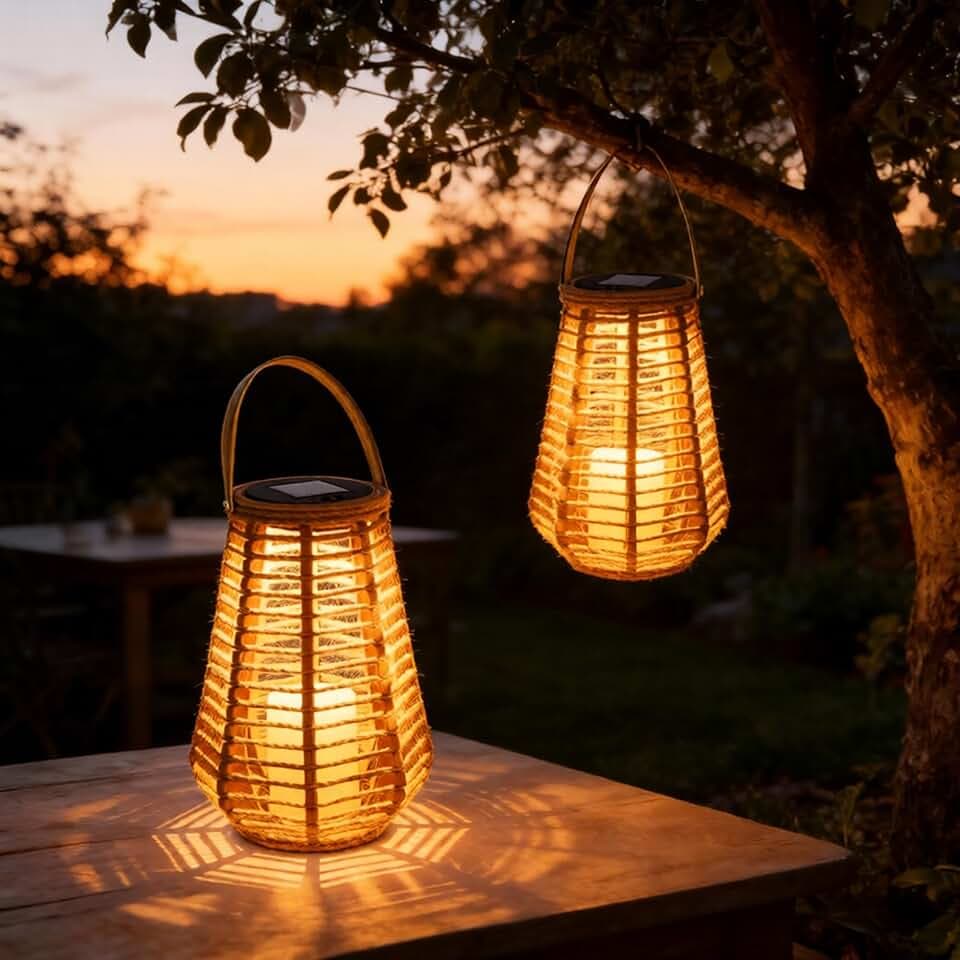 2 Pack Solar Lanterns Outdoor Waterproof, Hand-Woven Hemp Rope,10x5.5 Inch