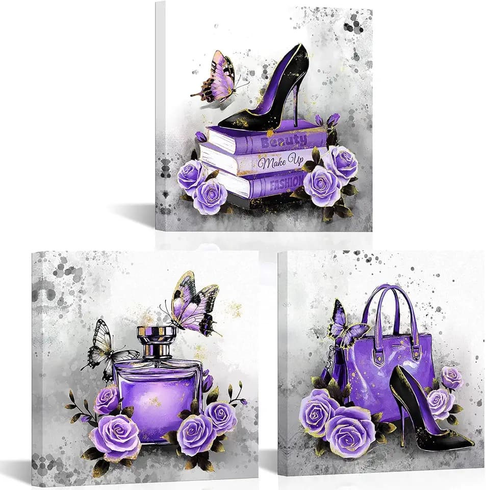OuElegent Purple Grey Wall Decor Fashion Wall Art Handbag Perfume Pictures Fashion Paintings for Women 12''x12''x3(Purple)