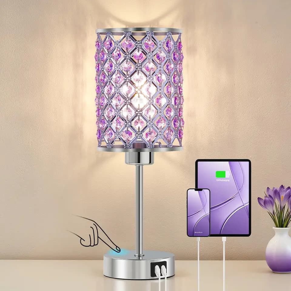 GyroVu Moderne Tischlampe, Dimmbare Kristall Touch-Lampe mit USB A+C Ports