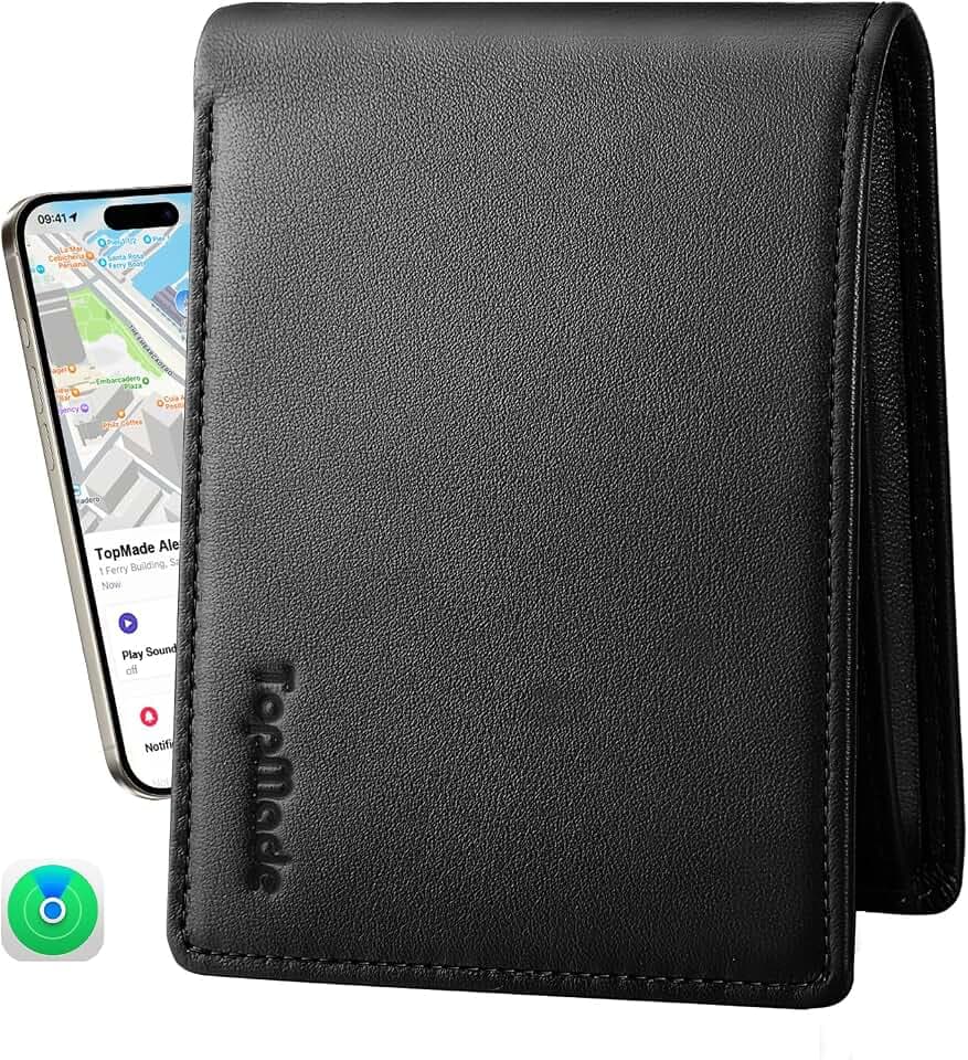 TopMade Mens Wallet with Smart Tracker, Genuine Leather Bifold Wallet Works with Find My App, 13 Cards High Capacity with ID Window, Cash Slot, Coin Pocket, RFID Blocking, GPS Wallet Tracker, Black