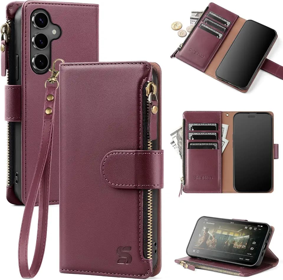 Shieldtop Compatible with Samsung Galaxy S24 FE 5G Wallet Case with Card Holder,Women Men RFID Blocking PU Leather Phone Case Flip Protective Cover Wrist Strap Zipper Credit Card Slots,Wine Red