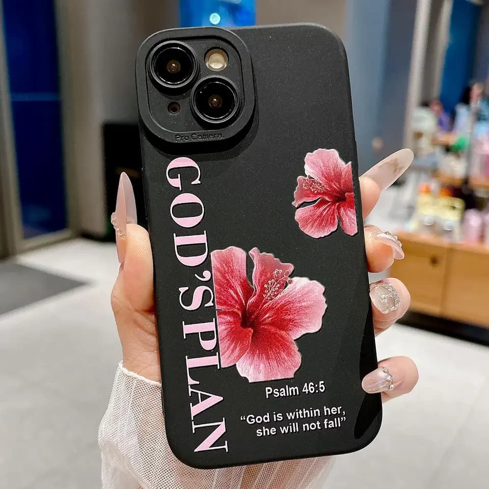 God's Plan Phone Case for iPhone 15 Case, Bible Verse with Flower Pattern Design, Soft TPU Shockproof Protective Cover for Girls Women-Black