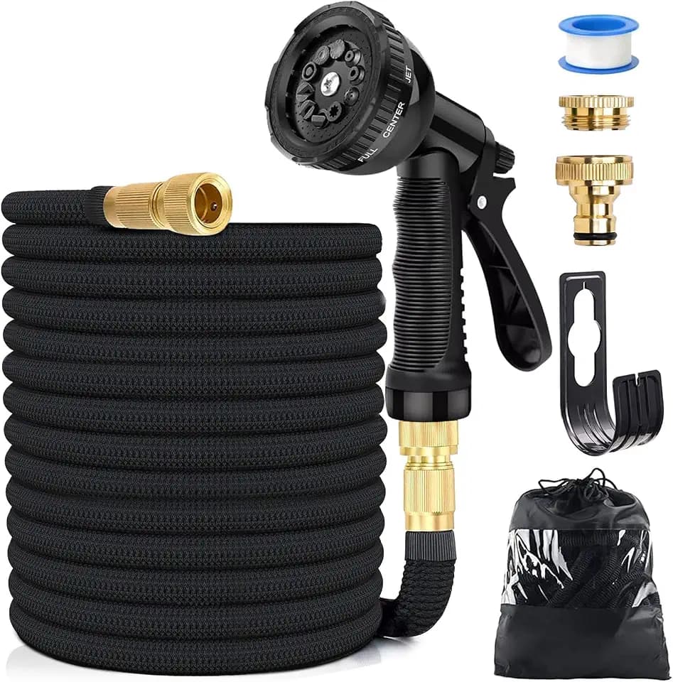 15M/50FT Flexibler Gartenschlauch, Wasserschlauch Dehnbar mit 8 Modi Wassersprühpistole, Adapter für 1/2' 3/4' Zoll und Wandhalterung, Schlauch Flexibel Bewässerung für den Außenbereich, Schwarz