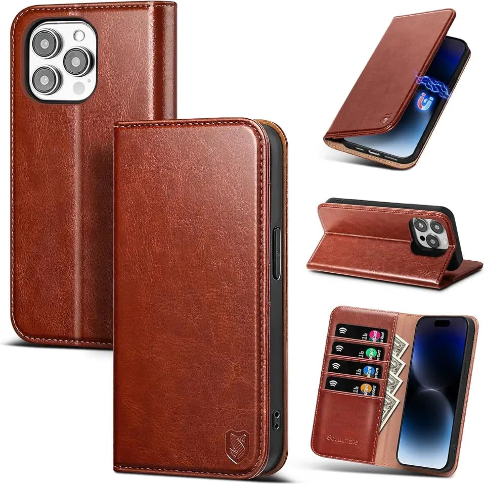 for iPhone 15 Pro Wallet Case with Card Holder,Brown