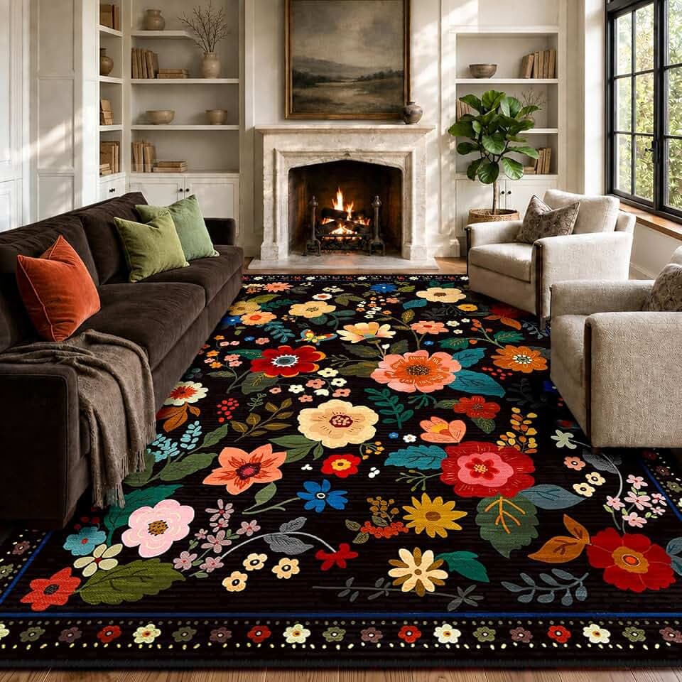 Floral Area Rug - Maschinenwaschbarer Boho-Teppich, weicher Niederflor, rutschfest, Blumenteppich für Wohnzimmer, Schlafzimmer oder Esszimmer, 240 x 300 cm, Schwarz
