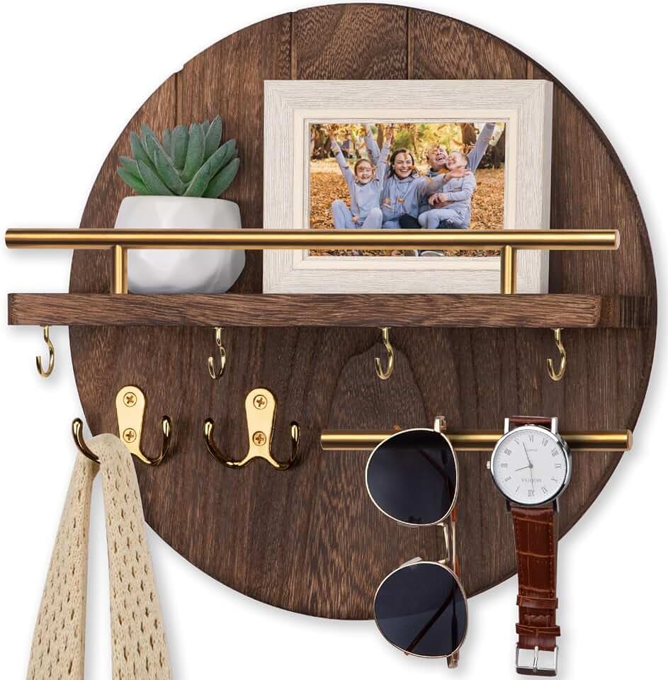 Nekon Key Holder Wall Mount, 11.8” Wood Mail Organizer for Wall, Brown