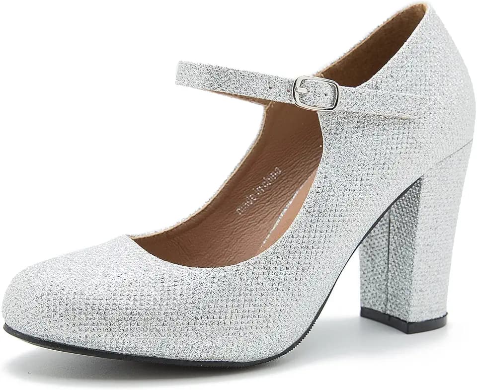 MAIERNISI JESSI Women's Mary Jane Pumps, Closed Round Toe, Block Heel with Ankle Strap Buckle, 3.54 Inch High Heel